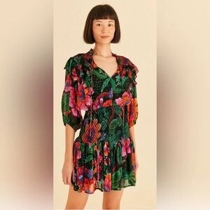 FARM Rio Black Floral Mini Dress with Pink & Orange Blooms